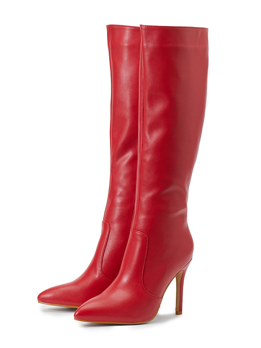 Zapatos de Mujer | Botas de mujer Tacón de aguja Punta estrecha PU Cuero Rojo Botas hasta la rodilla - PQ90668