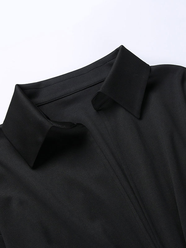 Women's Clothing Dresses | Black Shirt Dresses Turndown Collar Long Sleeves Polyester Casual Midi Dress - DS43325