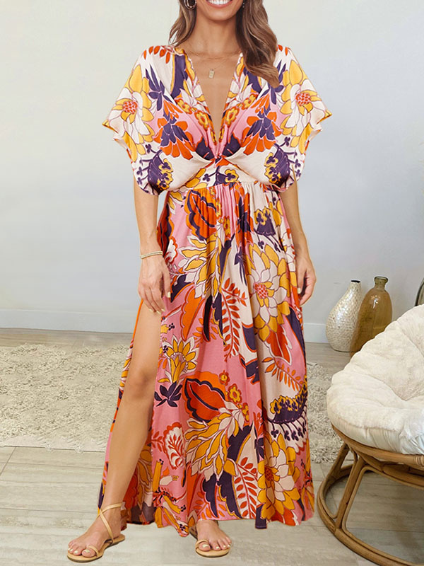 Moda Mujer Vestidos | Vestido de verano Vestido de playa largo con estampado floral de media manga con cuello en V naranja - PY18897