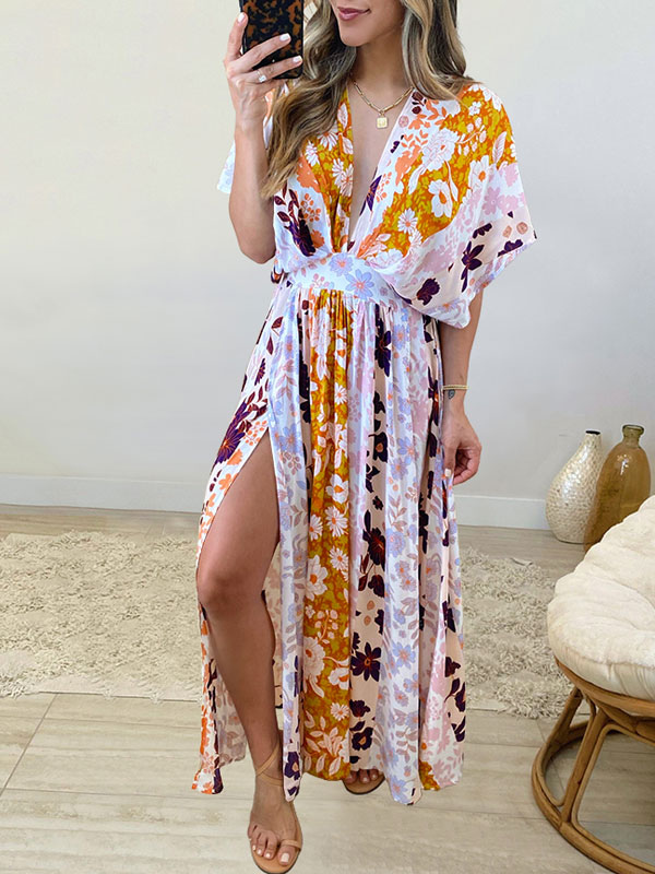 Women's Clothing Dresses | Summer Dress Orange V-Neck Half Sleeves Floral Print Long Beach Dress - JD77587