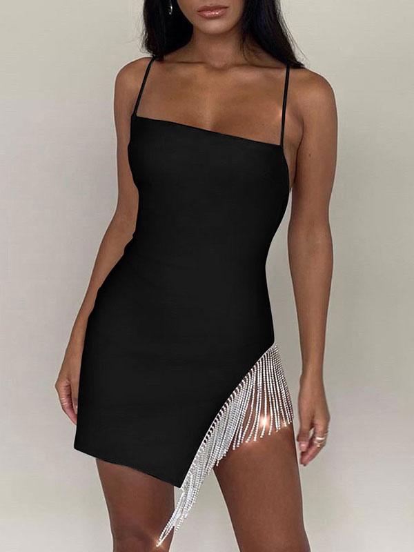 Women's Clothing Dresses | Party Dresses Black Straps Neck Sleeveless Sexy Split Bodycon Semi Formal Dress - MP19193