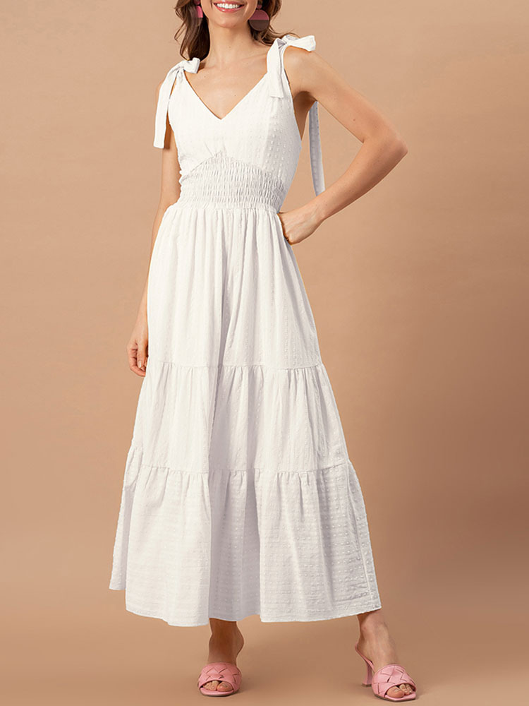 Women's Clothing Dresses | Maxi Dress Stripes Neck Sleeveless Polyester Casual Lace Up White Summer Long Dress - SB81646