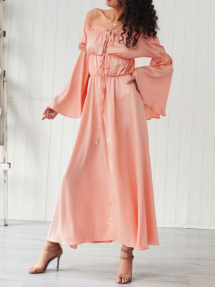 Women's Clothing Dresses | Maxi Dress Bateau Neck Long Sleeves Polyester High Slit Casual Floor Length Dress - TW73076