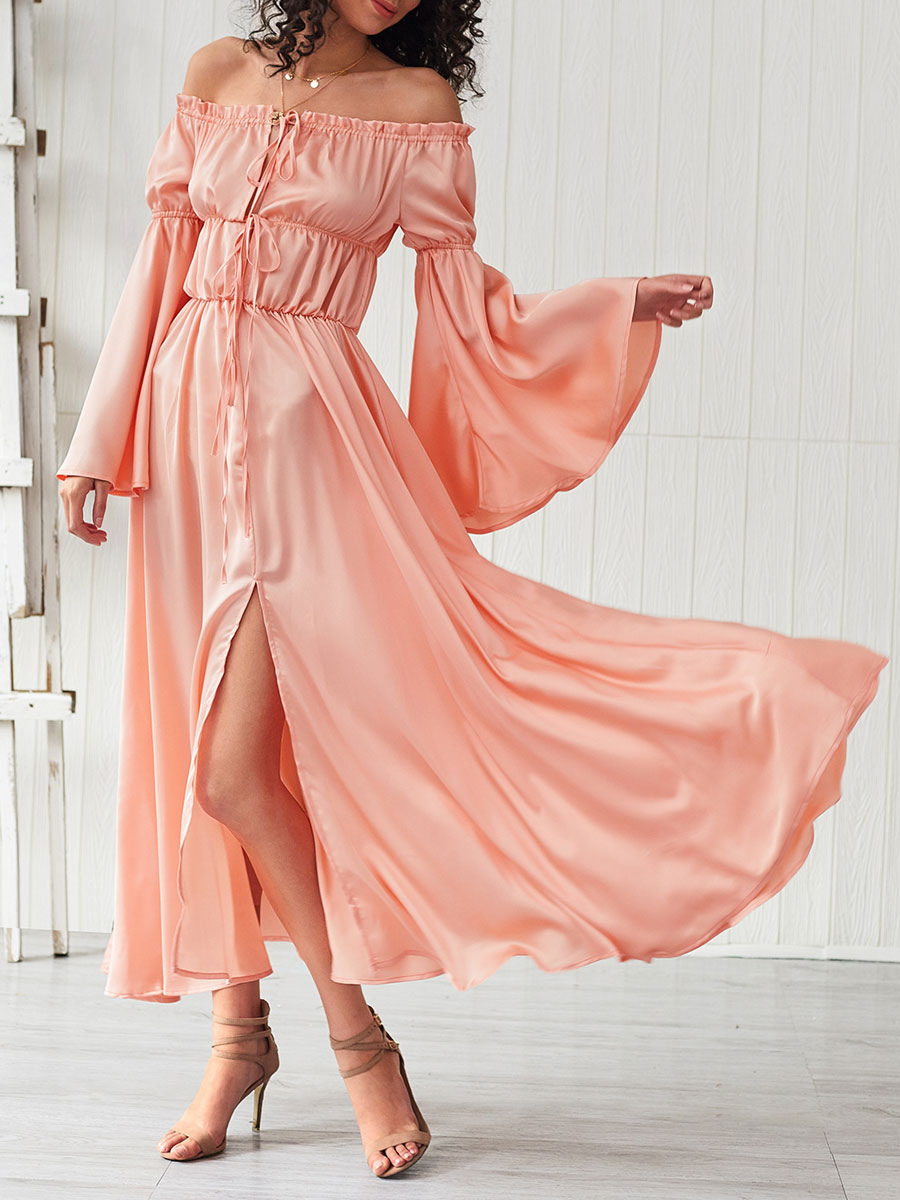 Women's Clothing Dresses | Maxi Dress Bateau Neck Long Sleeves Polyester High Slit Casual Floor Length Dress - TW73076