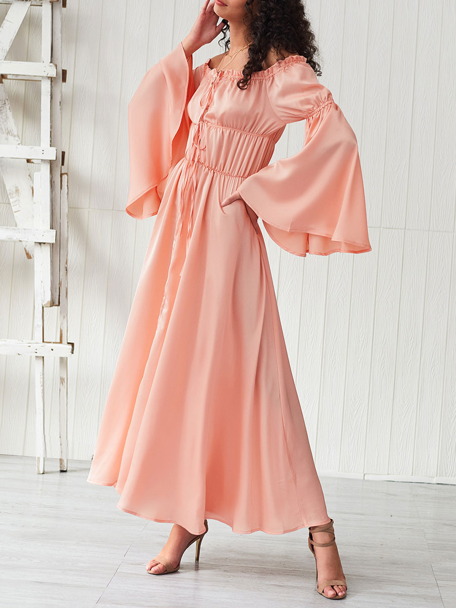 Women's Clothing Dresses | Maxi Dress Bateau Neck Long Sleeves Polyester High Slit Casual Floor Length Dress - TW73076