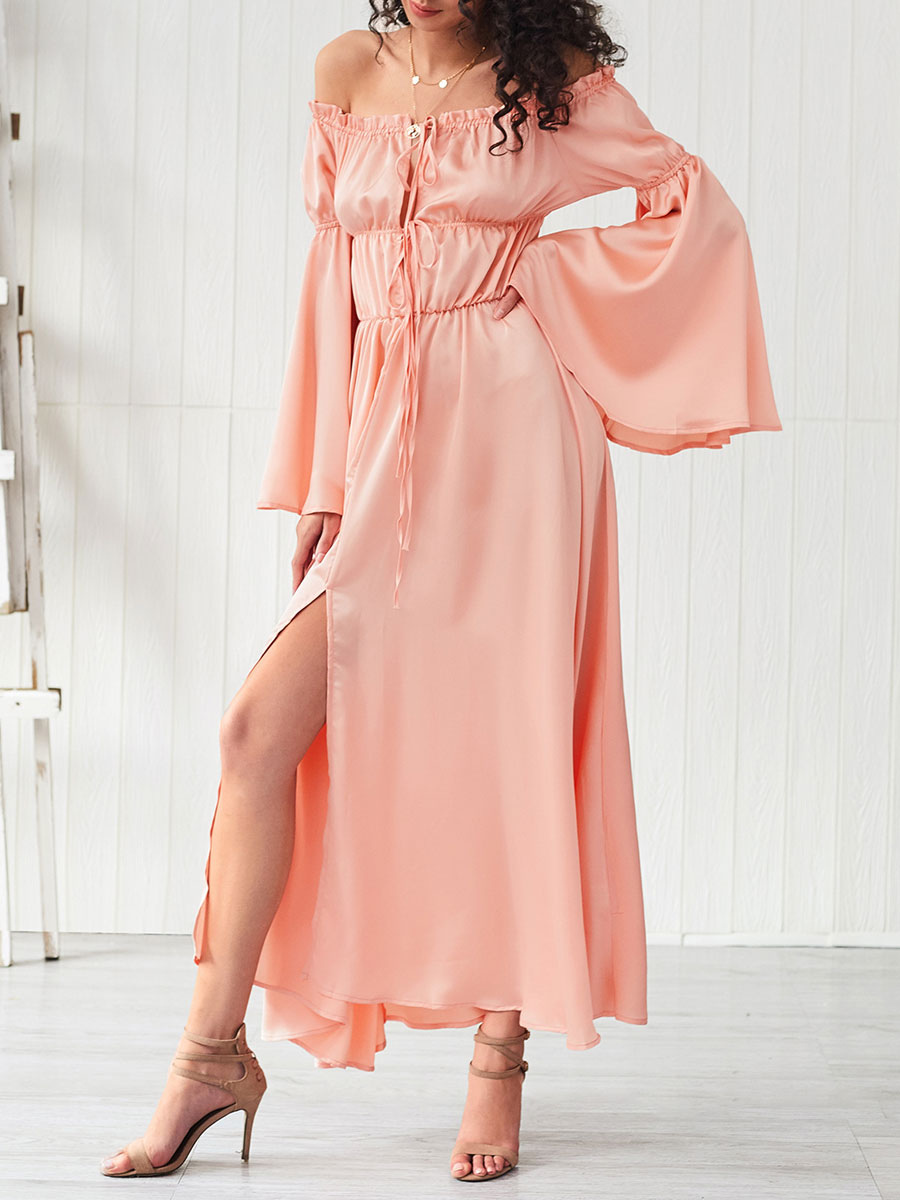 Women's Clothing Dresses | Maxi Dress Bateau Neck Long Sleeves Polyester High Slit Casual Floor Length Dress - TW73076