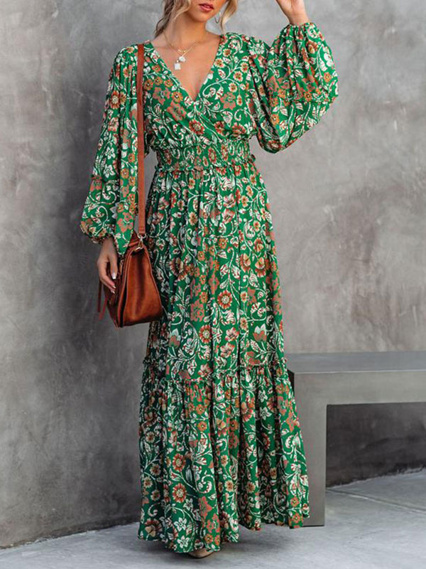 Women's Clothing Dresses | Maxi Dress V Neck Long Sleeves Polyester Casual Floral Print Floor Length Dress - HL65749
