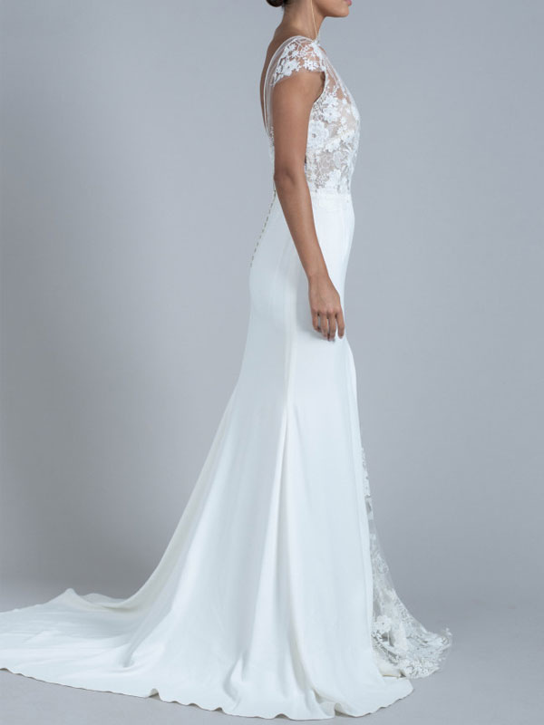 Wedding & Events Wedding Dresses | Simple Causal Wedding Dress Sheath Jewel Neck Short Sleeves Split Front Bridal Gowns - KM7805