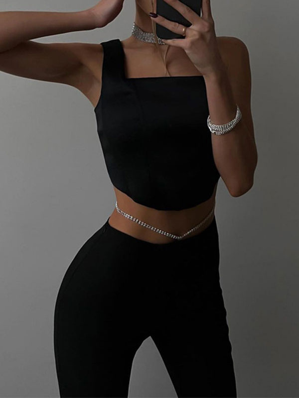 Mode Femme Tops | Haut Sexy Taille Haute Femme avec Bretelles à Col Carré Unicolore - JW54599