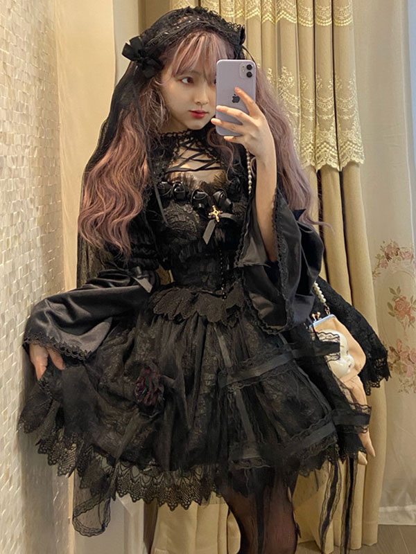 Vestidos de Lolita gótica Falda de puente de Lolita negra sin mangas de  encaje 