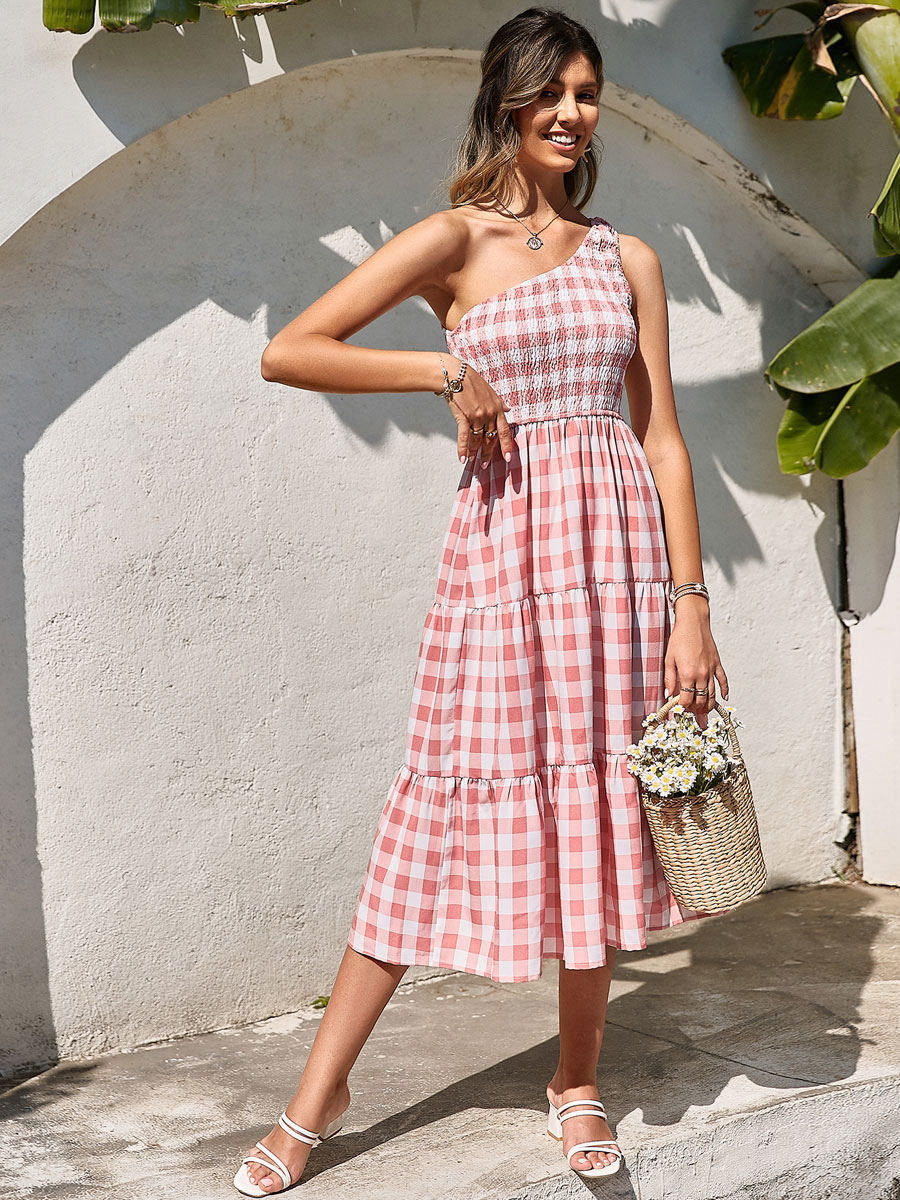 Women's Clothing Dresses | Maxi Dress Straps Neck Sleeveless Polyester Plaid Long Dress - LC98619