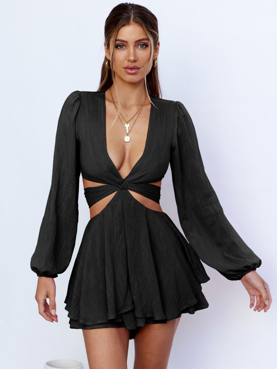 Women's Clothing Jumpsuits & Rompers | Black V-Neck Long Sleeves Polyester Cut Out Loose Jumpsuits For Women - DG16163