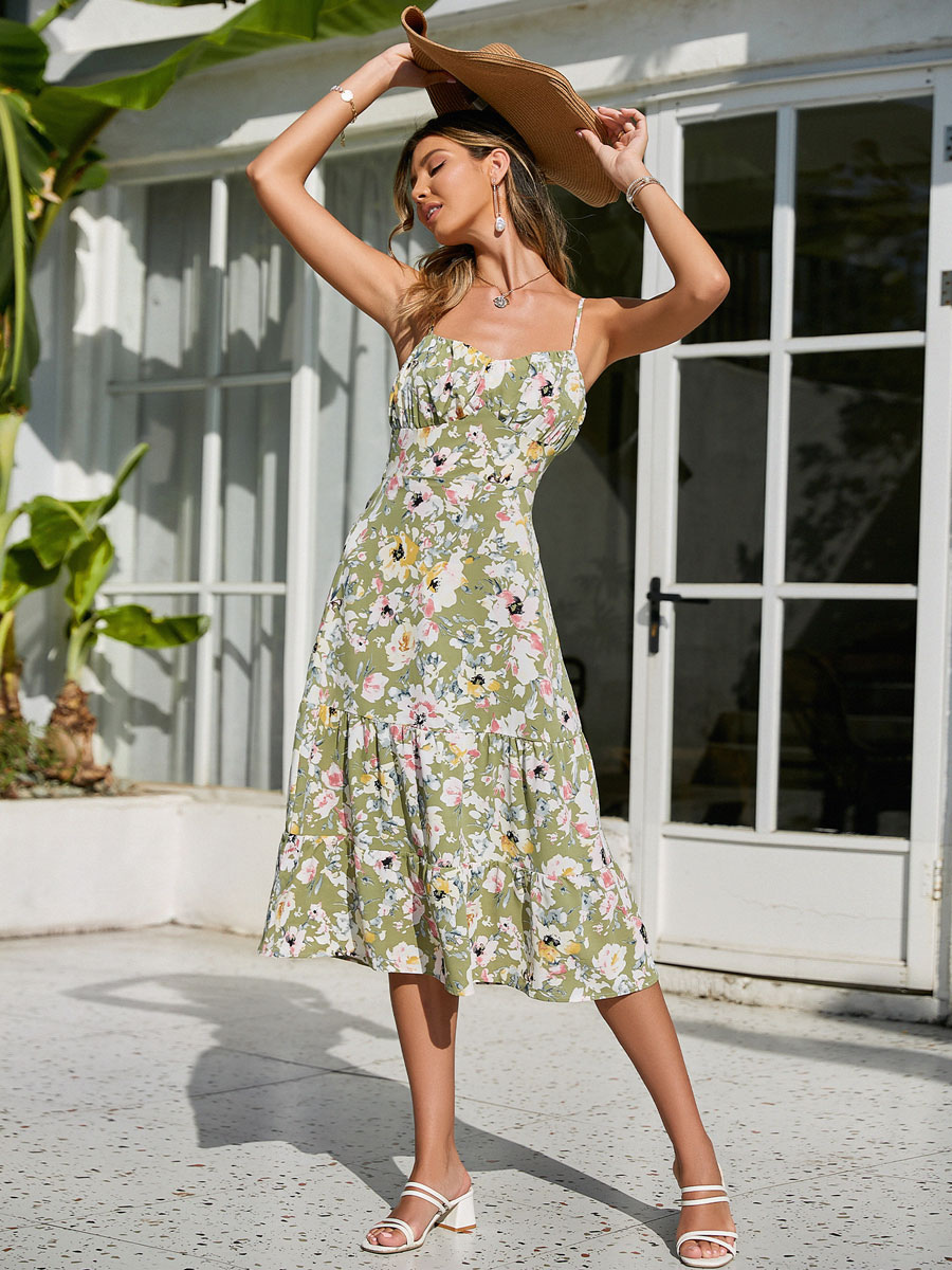 Women's Clothing Dresses | Maxi Dress Straps Neck Sleeveless Polyester Printed Long Dress - AX97964