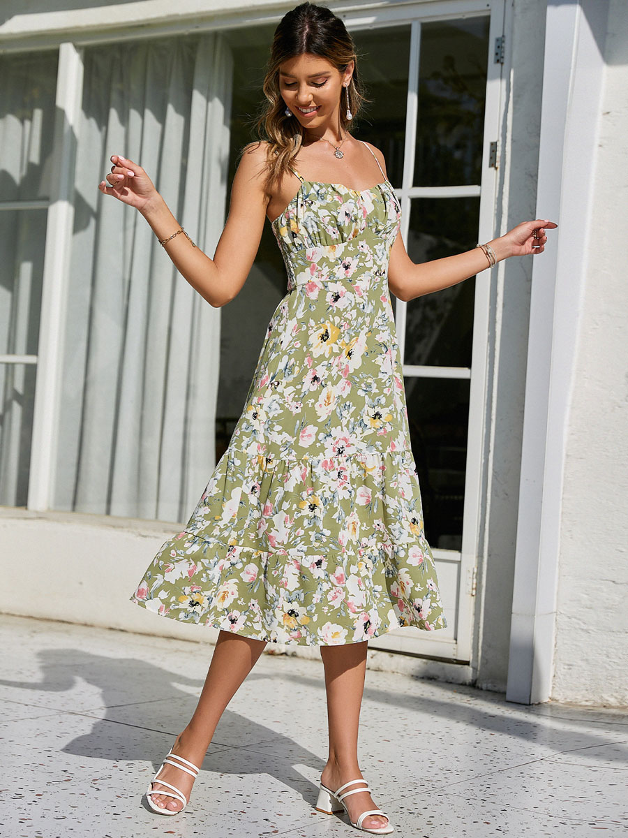 Women's Clothing Dresses | Maxi Dress Straps Neck Sleeveless Polyester Printed Long Dress - TV11554