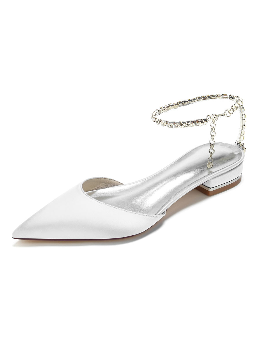 Zapatos de Fiesta | Zapatos de boda Zapatos de novia planos con punta estrecha y diamantes de imitación de satén blanco - JA78598