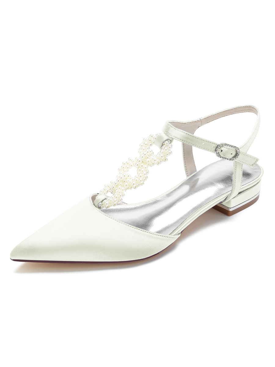 Chaussures de mariage perles de satin blanc bout pointu chaussures de mariée plates