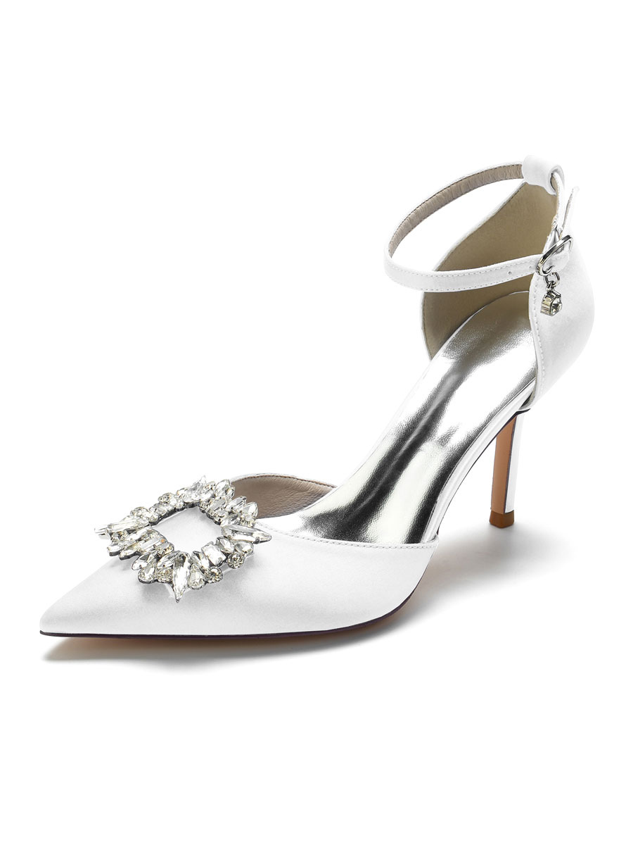 Zapatos de Fiesta | Zapatos de boda Satén Blanco Punta estrecha Pedrería Tacón de aguja Zapatos de novia - FX57777