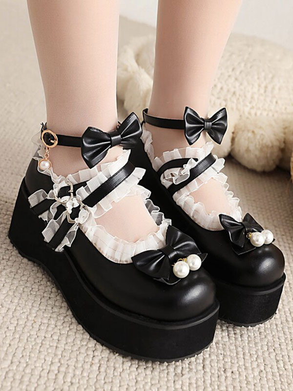Japanese Sweet Lolita Cosplay Shoes PU Leather Bow Strap Princess Pumps Mary Jane Shoes