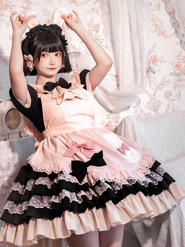 Sweet Lolita Dress Apron Bows Polka Dot Polyester Short Sleeves Black Lolita  One Piece Dress