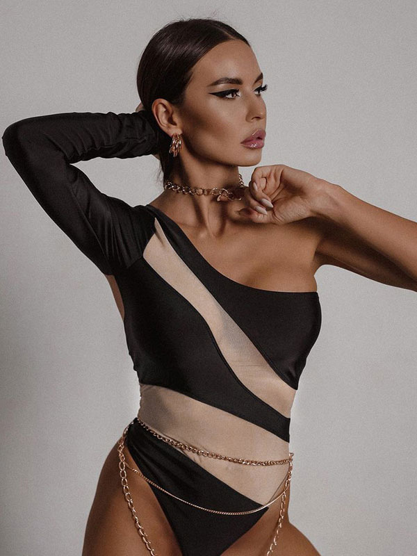 Mode Femme Tops | Body Sexy Imprimé Rayures avec Manche Longue avec Epaule Dénudée Coupe Cintrée Bicolores - DX60168