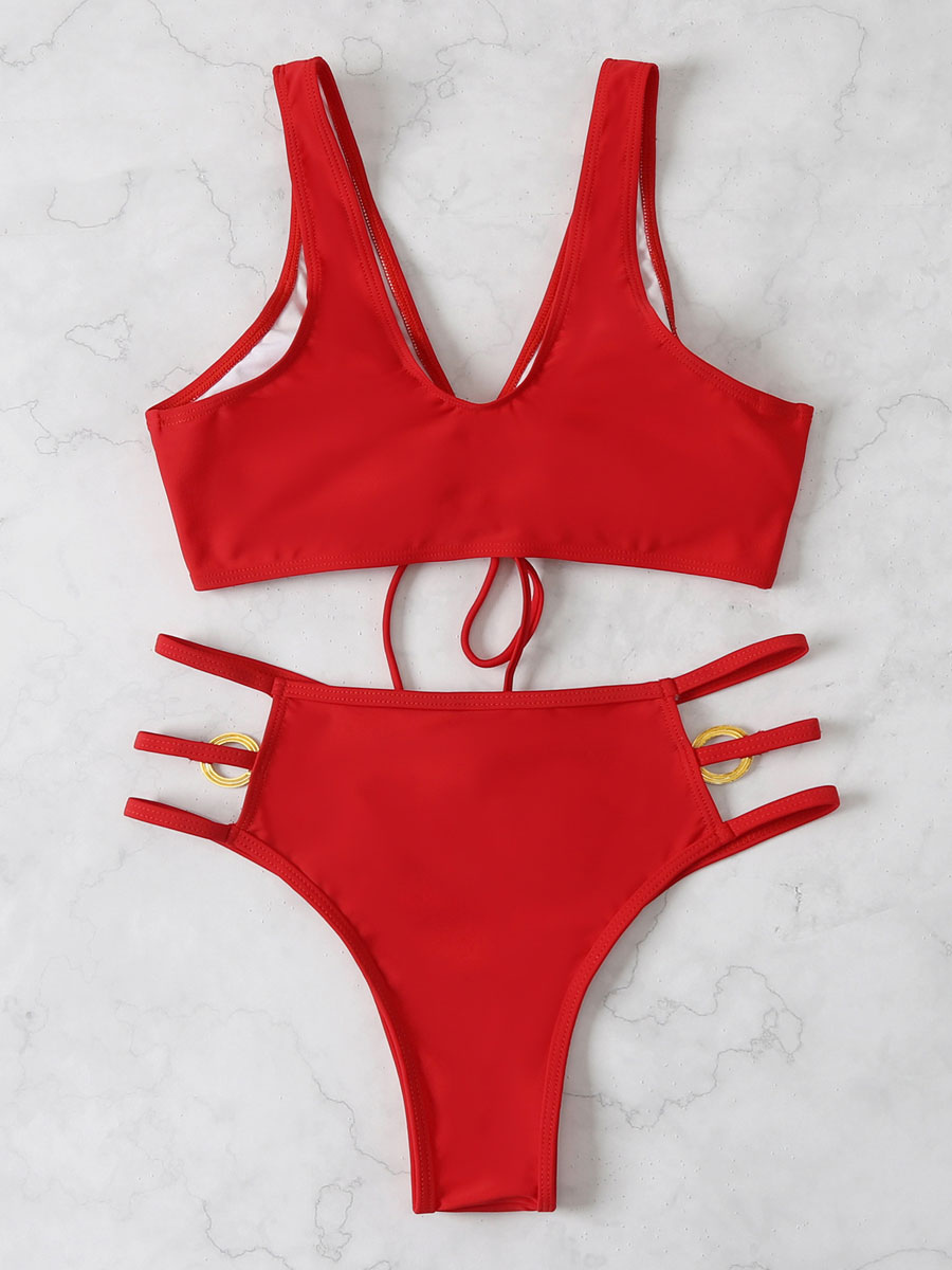 Women Bikini Swimsuit Red Buttons Summer Sexy Bathing Suits