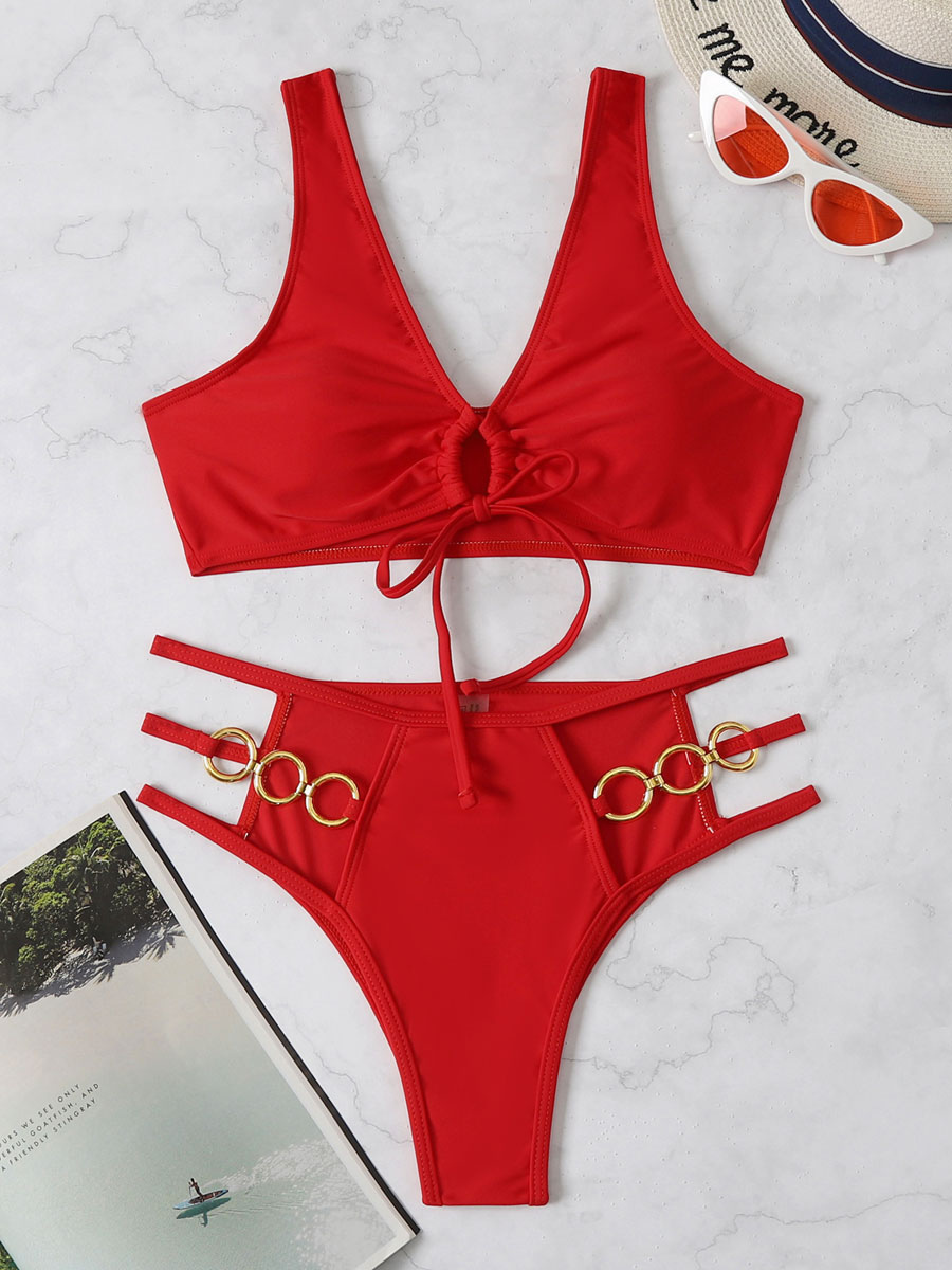Women's Clothing Swimsuits & Cover-Ups | Women Bikini Swimsuit Red Buttons Summer Sexy Bathing Suits - IF57308