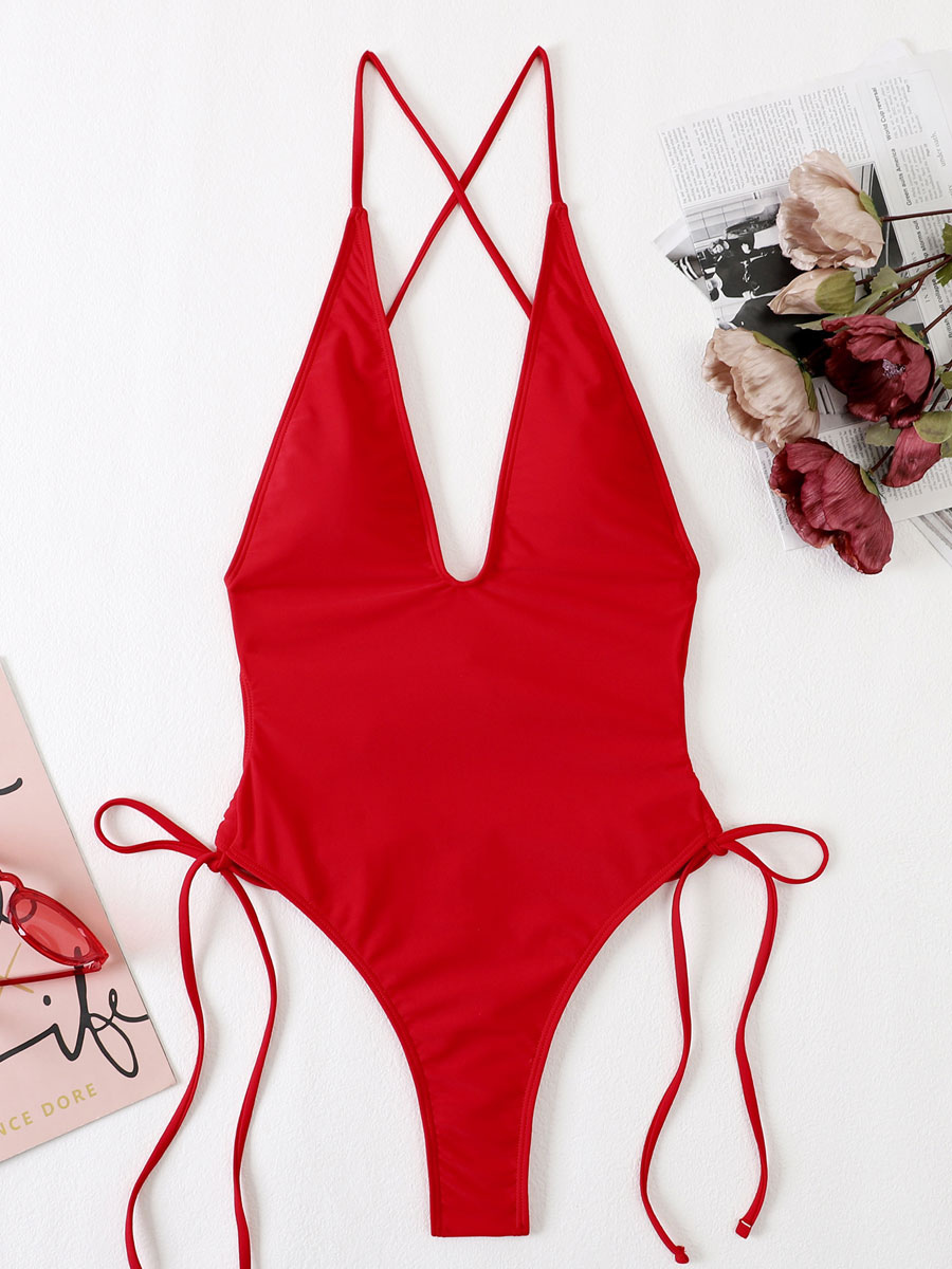 Women's Clothing Swimsuits & Cover-Ups | One Piece Swimsuits For Women Red Lace Up Summer Sexy Swimming Suits - ZM97812