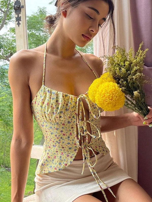 Mode Femme Tops | Haut Sexy Taille Haute Femme avec Bretelles à Col Décolleté à Lacets Coupe Cintrée Imprimé Fleurie - CR31587