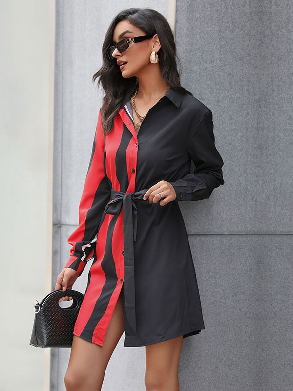 Women's Clothing Dresses | Dresses Shirt Dresses Midi Dress Black Turndown Collar Long Sleeves Two-Tone - AK25214