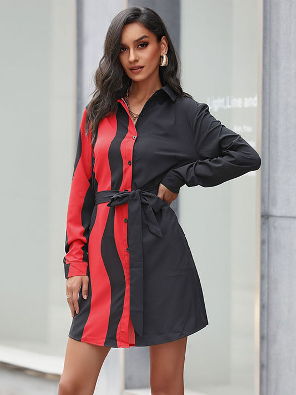 Women's Clothing Dresses | Dresses Shirt Dresses Midi Dress Black Turndown Collar Long Sleeves Two-Tone - AK25214