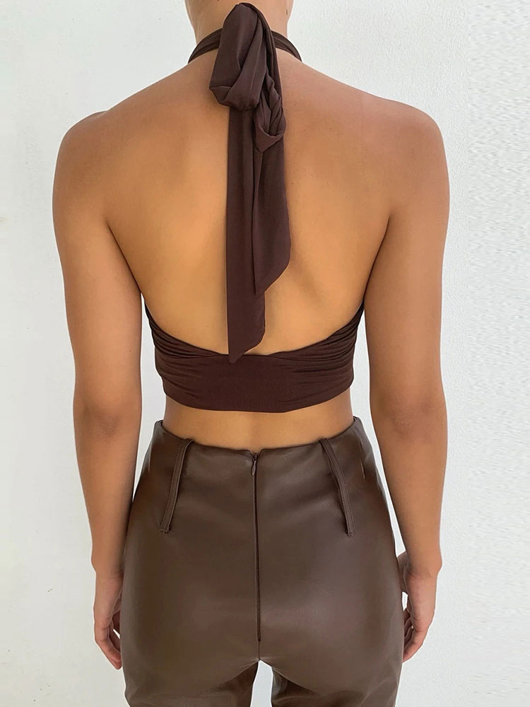 Mode Femme Tops | Haut Sexy Taille Haute avec Bretelles à Col Décolleté Coupe Cintrée Unicolore - IS85651