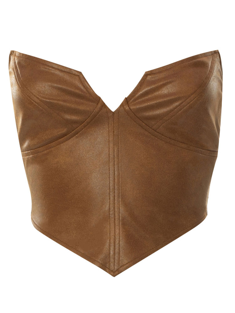 Women's Clothing Tops | Women Crop Top Coffee Brown Polyester Sleeveless Sexy Tops - WE43922