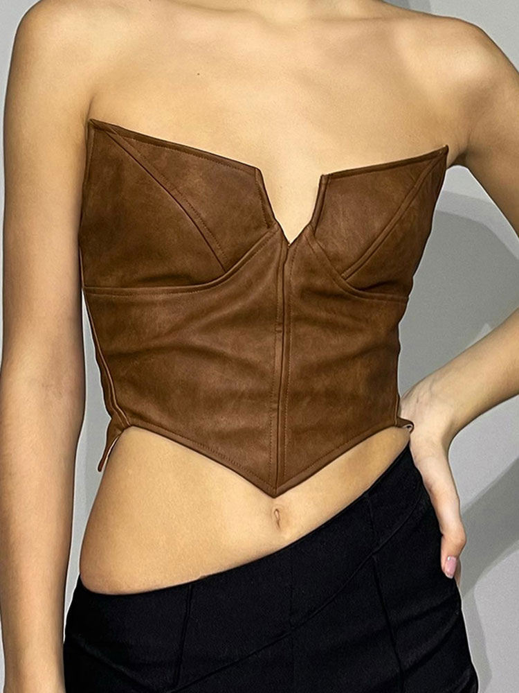 Women's Clothing Tops | Women Crop Top Coffee Brown Polyester Sleeveless Sexy Tops - WE43922