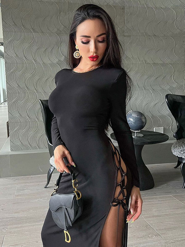 Women's Clothing Clubwear | Club Dress Black Jewel Neck Long Sleeves Polyester Sexy Dress - YG43829
