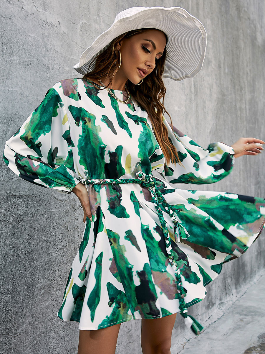 Mode Femme Robes | Robe de Patineuse Courte Imprimé à Col Rond avec Manches Longues Amples Coupe Cintrée à Lacets Bas Evasée - GH27357