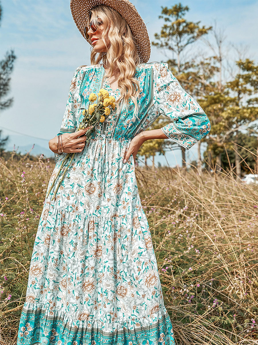 Women's Clothing Dresses | Maxi Dress V-Neck 3/4 Length Sleeves Cotton Floral Print Lace Up Long Dress - BS19478