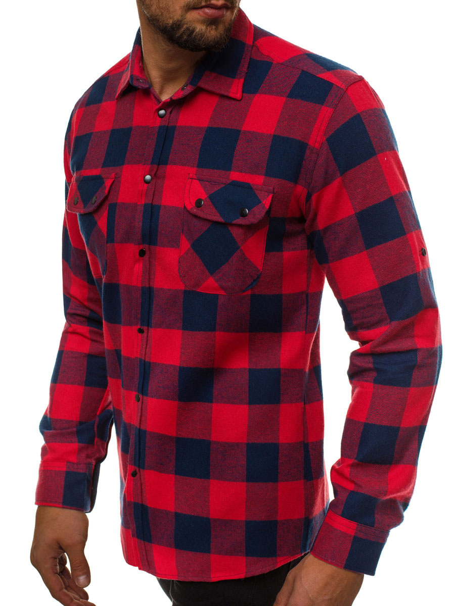 Men's Clothing Shirts | Casual Shirt For Men Hooded Casual Plaid Burgundy Men's Shirts - SS75097