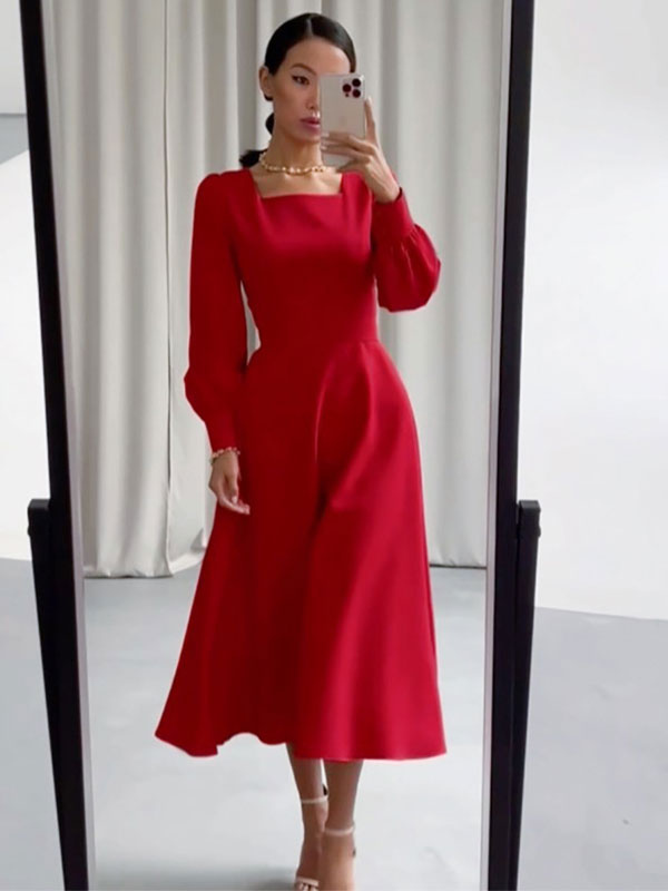 Women's Clothing Dresses | Square Neck Maxi Dress Long Sleeves Polyester Casual Floor Length Dress - UW25611