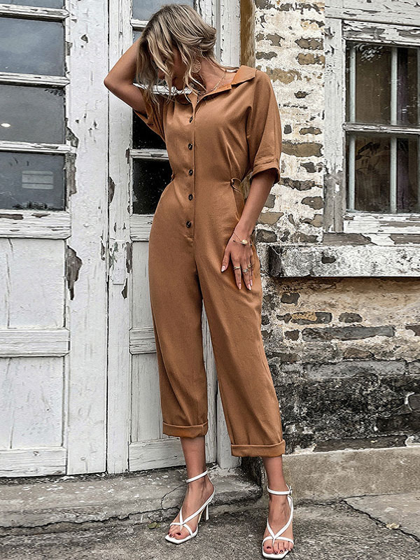 Women's Clothing Jumpsuits & Rompers | Coffee Brown Turndown Collar Short Sleeves Cotton Jumpsuits For Women - IM18208