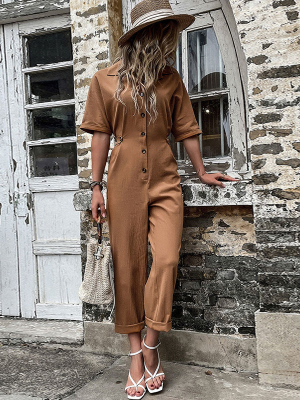 Women's Clothing Jumpsuits & Rompers | Coffee Brown Turndown Collar Short Sleeves Cotton Jumpsuits For Women - IM18208