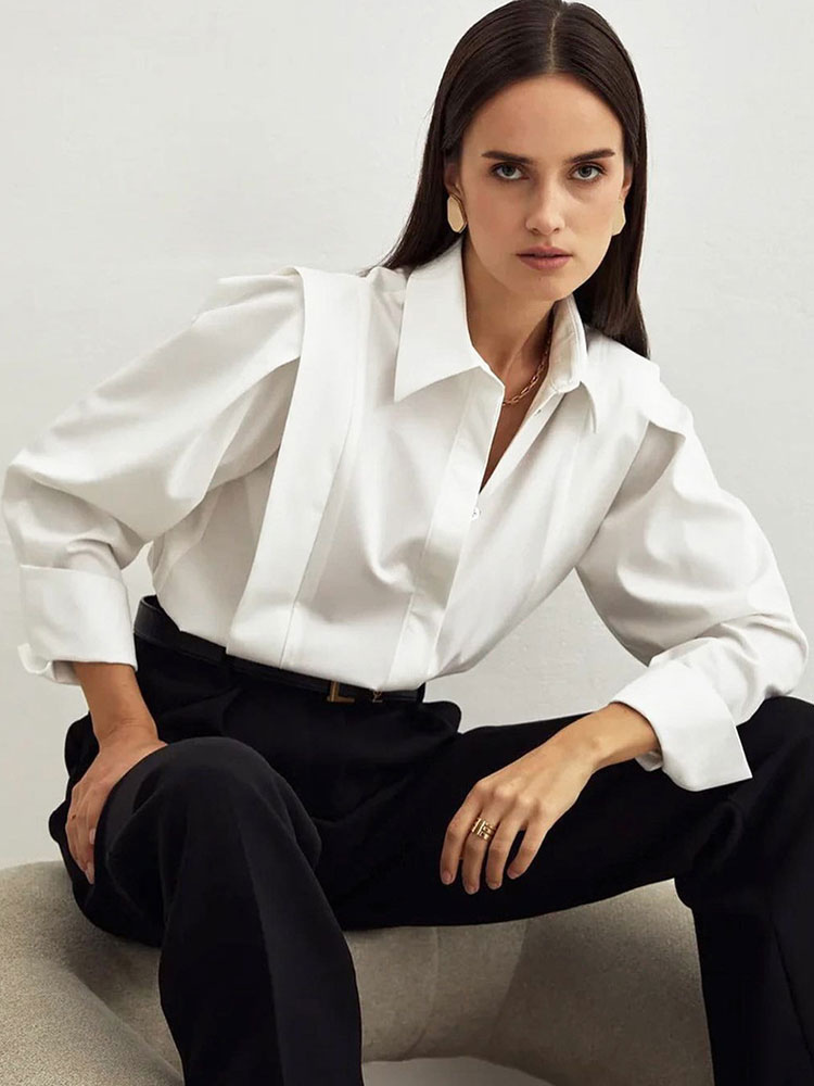 Women's Clothing Tops | Blouse For Women White Polyester Turndown Collar Casual Long Sleeves Tops - RR01676