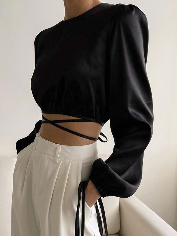 Mode Femme Tops | Blouse Chemisier Taille Haute Femme avec Manches Longues Amples Coupe Cintrée Unicolore - DF34046