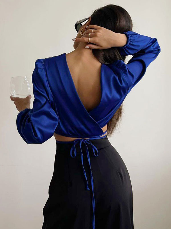 Mode Femme Tops | Blouse Chemisier Taille Haute Femme avec Manches Longues Amples Coupe Cintrée Unicolore - DF34046