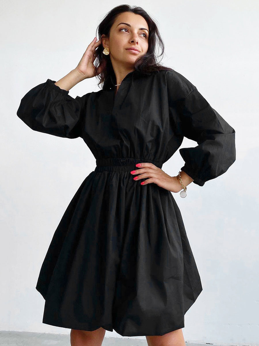 Women's Clothing Dresses | Skater Dresses Turndown Collar Long Sleeves Casual Fit And Flare Dress - VQ18249