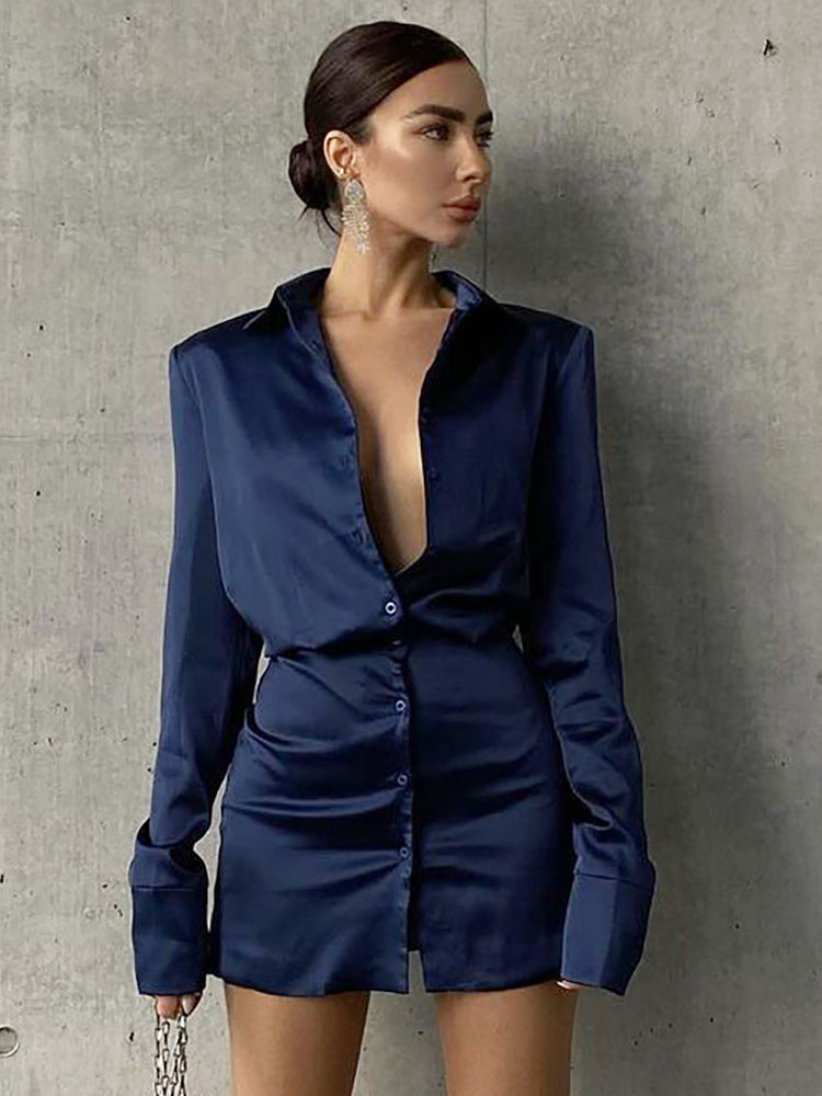 Women's Clothing Dresses | Party Dresses Deep Blue Turndown Collar Long Sleeves Semi Formal Dress - JR14084