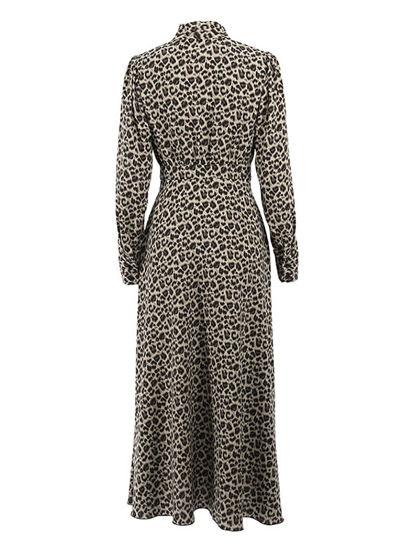 Women's Clothing Dresses | Turndown Collar Maxi Dress Long Sleeves Polyester Casual Leopard Print Long Dress - UU21574