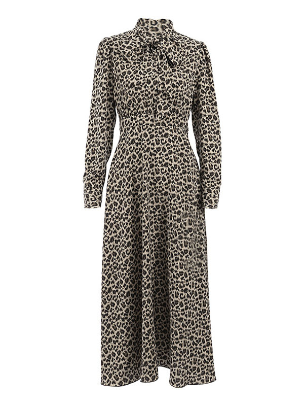 Women's Clothing Dresses | Turndown Collar Maxi Dress Long Sleeves Polyester Casual Leopard Print Long Dress - UU21574