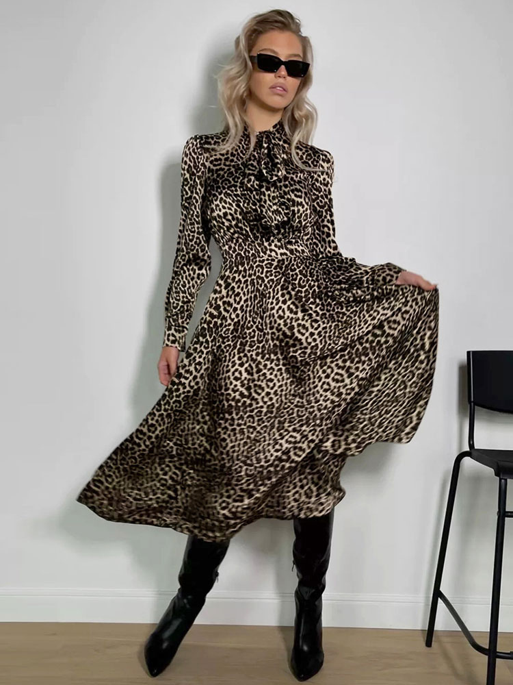 Women's Clothing Dresses | Turndown Collar Maxi Dress Long Sleeves Polyester Casual Leopard Print Long Dress - PS95435