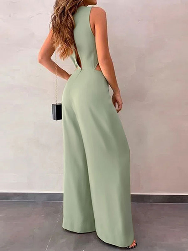 Women's Clothing Jumpsuits & Rompers | Light Green V-Neck Sleeveless Lycra Spandex Wide Leg Jumpsuits For Women - MQ15877