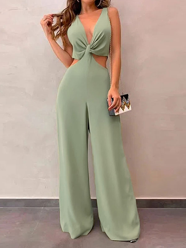 Women's Clothing Jumpsuits & Rompers | Light Green V-Neck Sleeveless Lycra Spandex Wide Leg Jumpsuits For Women - MQ15877